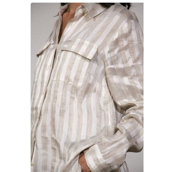 Worth Womens Linen Blend Blouse Medium Neutral Stripe Button Up Top Minimalist - Picture 1 of 8